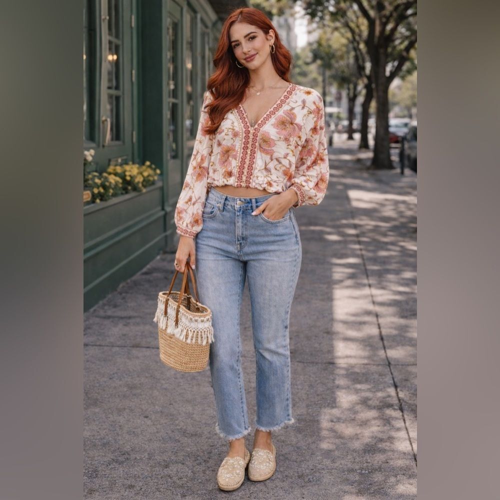 🌸 Rose + Olive Boho Cropped Floral Blouse